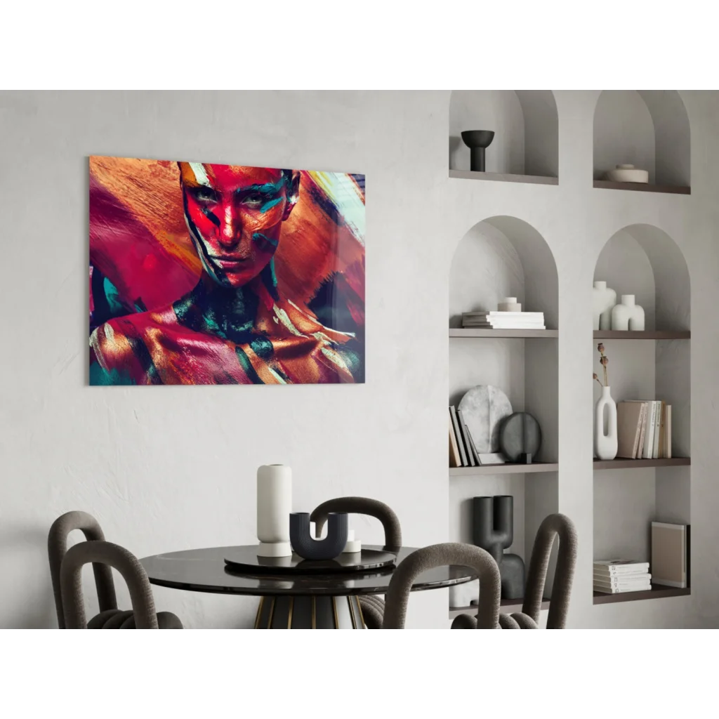 Vibrant abstract portrait glass wall art canvas with bold reds, oranges, blues