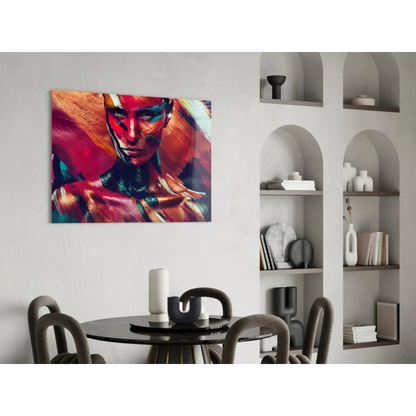 Vibrant abstract portrait glass wall art canvas with bold reds, oranges, blues