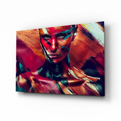 Vibrant abstract portrait on glass wall art canvas with bold red orange teal strokes
