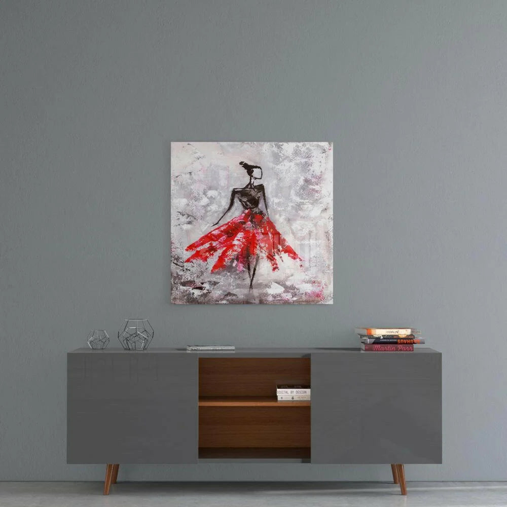 Vibrant red and black abstract dancer wall art on gray wall