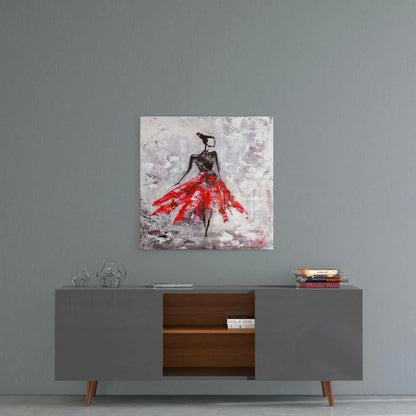 Vibrant red and black abstract dancer wall art on gray wall