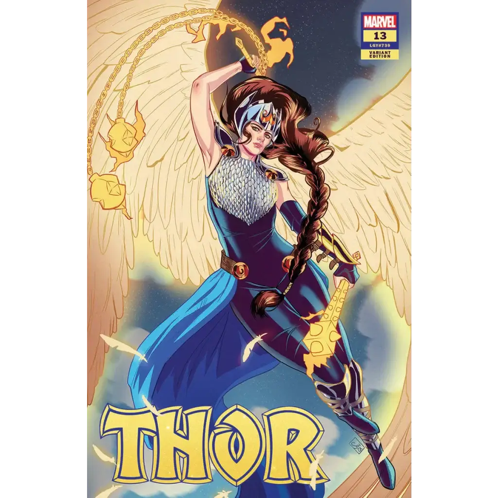 Thor in blue silver armor with golden wings holds Mjolnir on comic book cover
