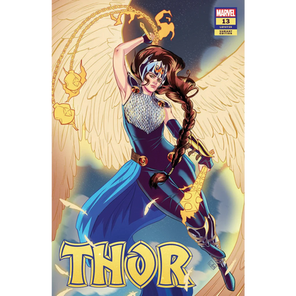 Female Thor with wings and golden chains in epic Marvel battle scene