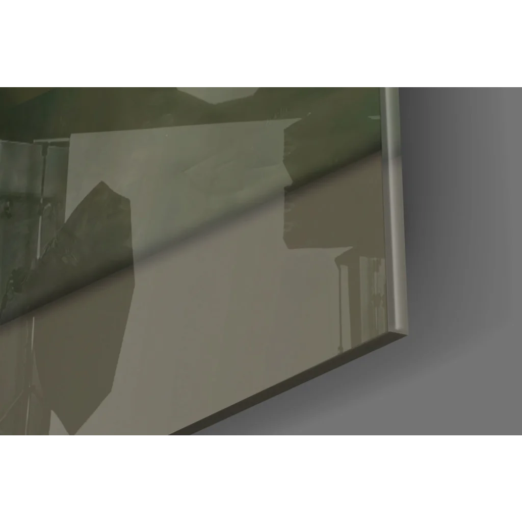 Sleek glass wall art mirror with metallic frame in green and gray tones