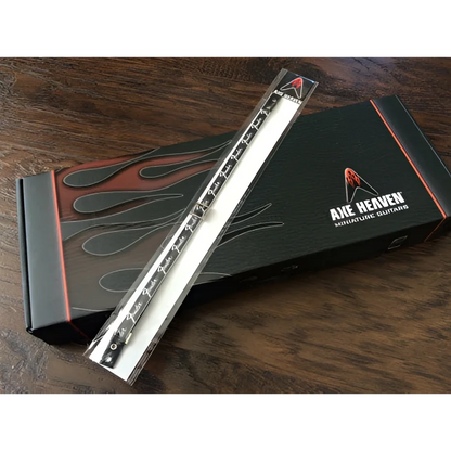 Axe Heaven silver flame pick holder on Fender logo mini model guitar strap