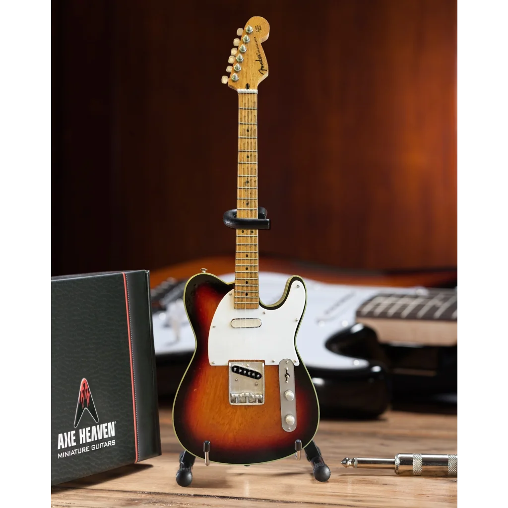 3-color sunburst mini Fender Telecaster guitar with maple neck, rosewood fingerboard, and adjustable A-frame stand