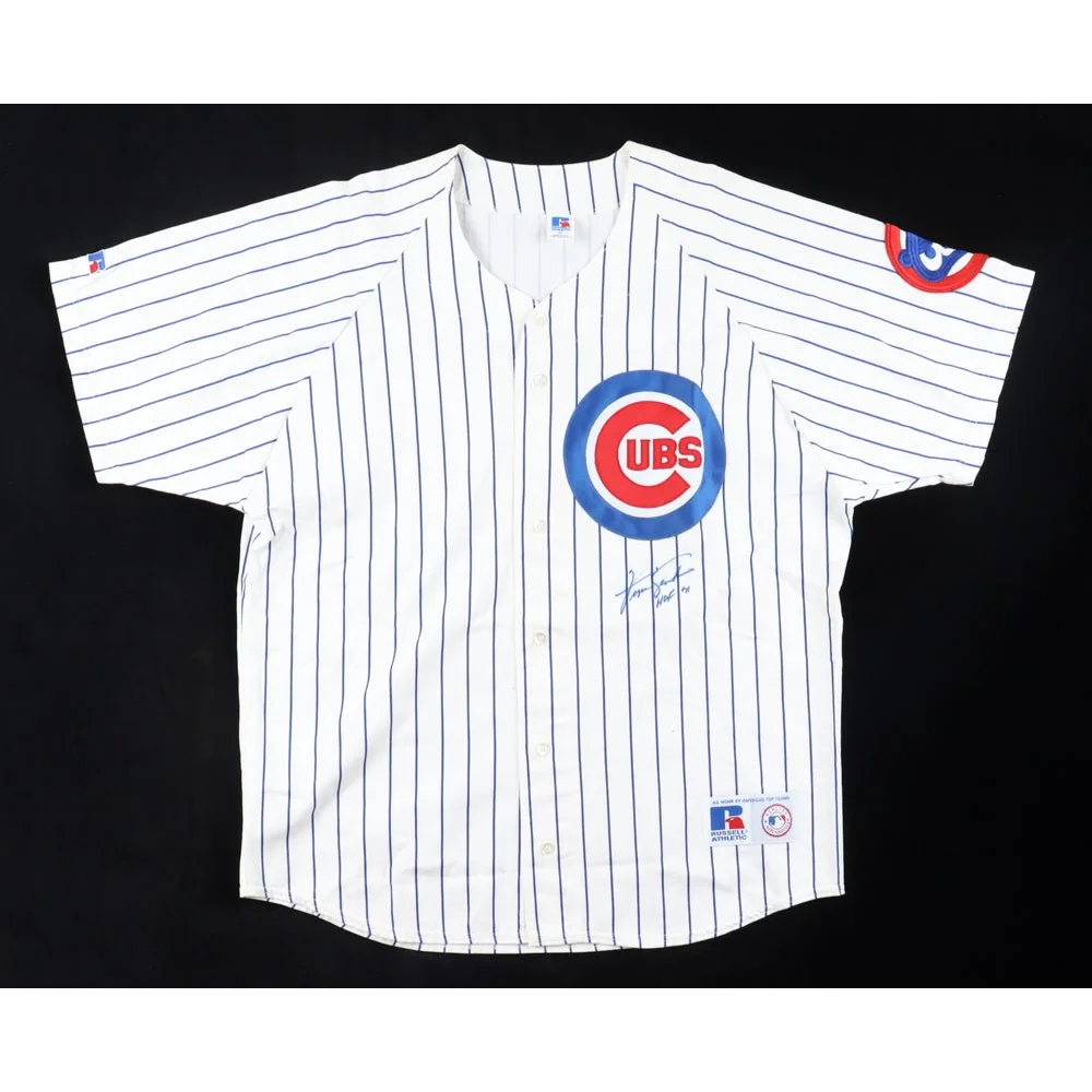 White and blue pinstripe Fergie Jenkins signed Cubs jersey inscribed HOF 91
