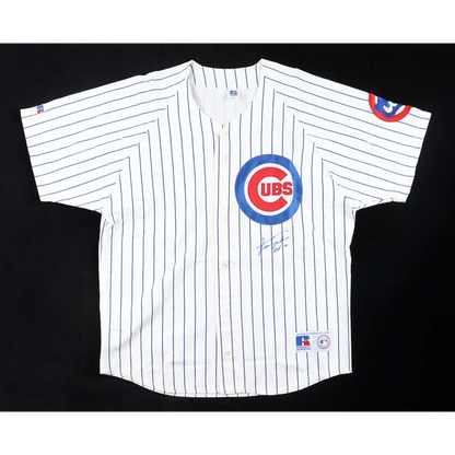 White and blue pinstripe Fergie Jenkins signed Cubs jersey inscribed HOF 91