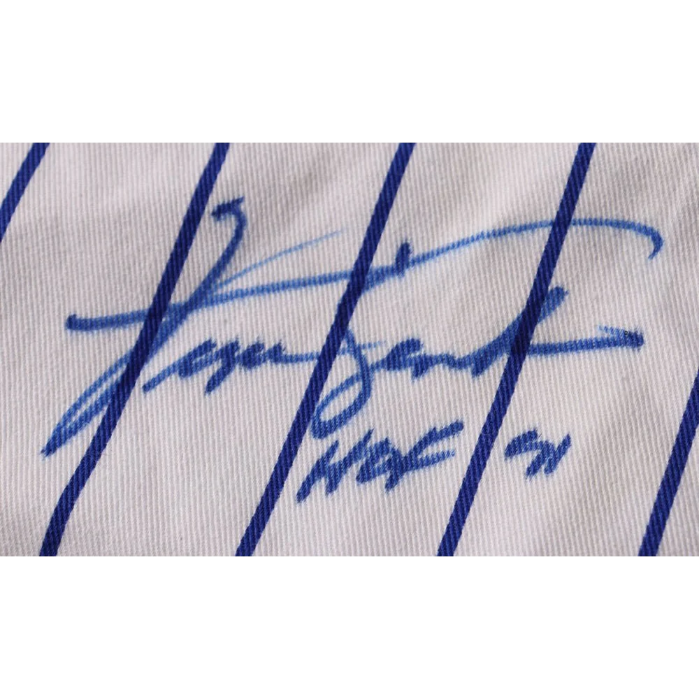 White pinstriped fabric with blue marker autograph on Fergie Jenkins signed Cubs jersey