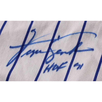 White pinstriped fabric with blue marker autograph on Fergie Jenkins signed Cubs jersey
