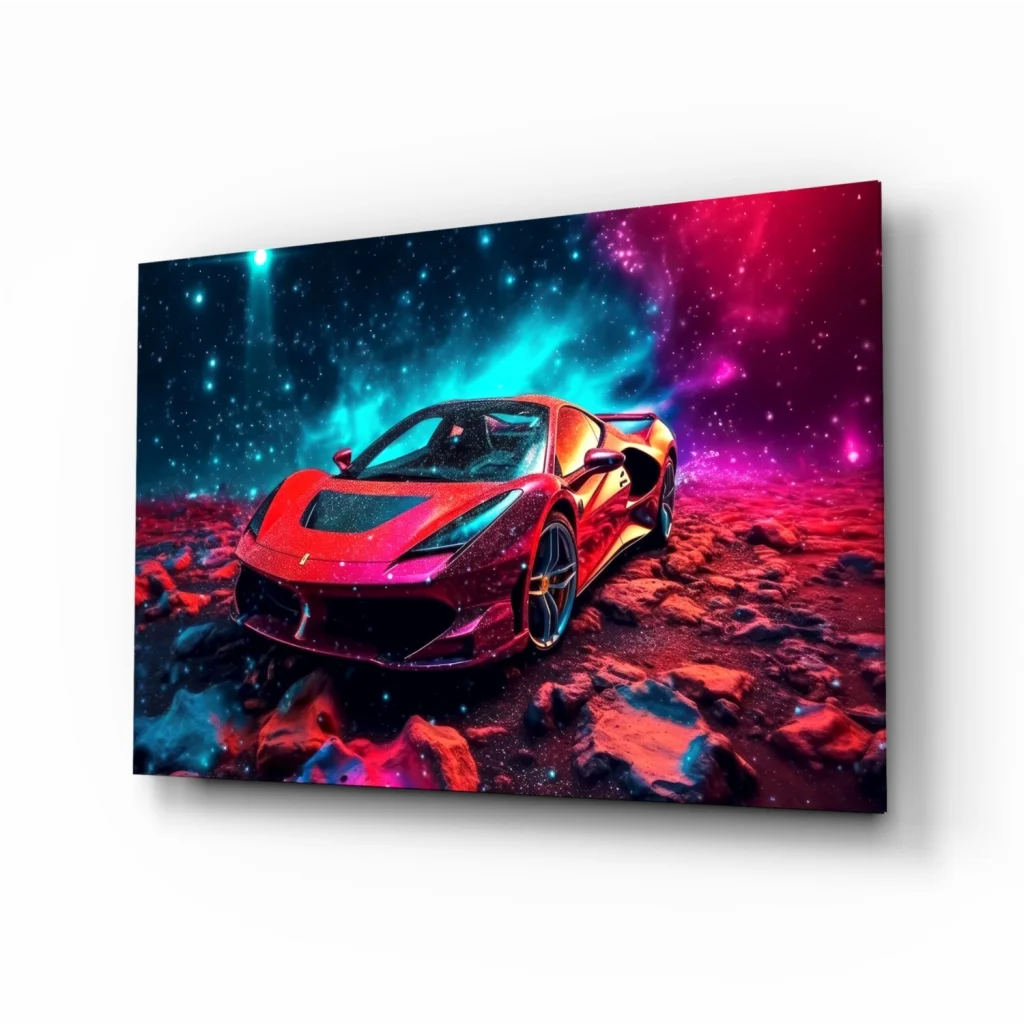 Red Ferrari sports car cosmic space wall art canvas print