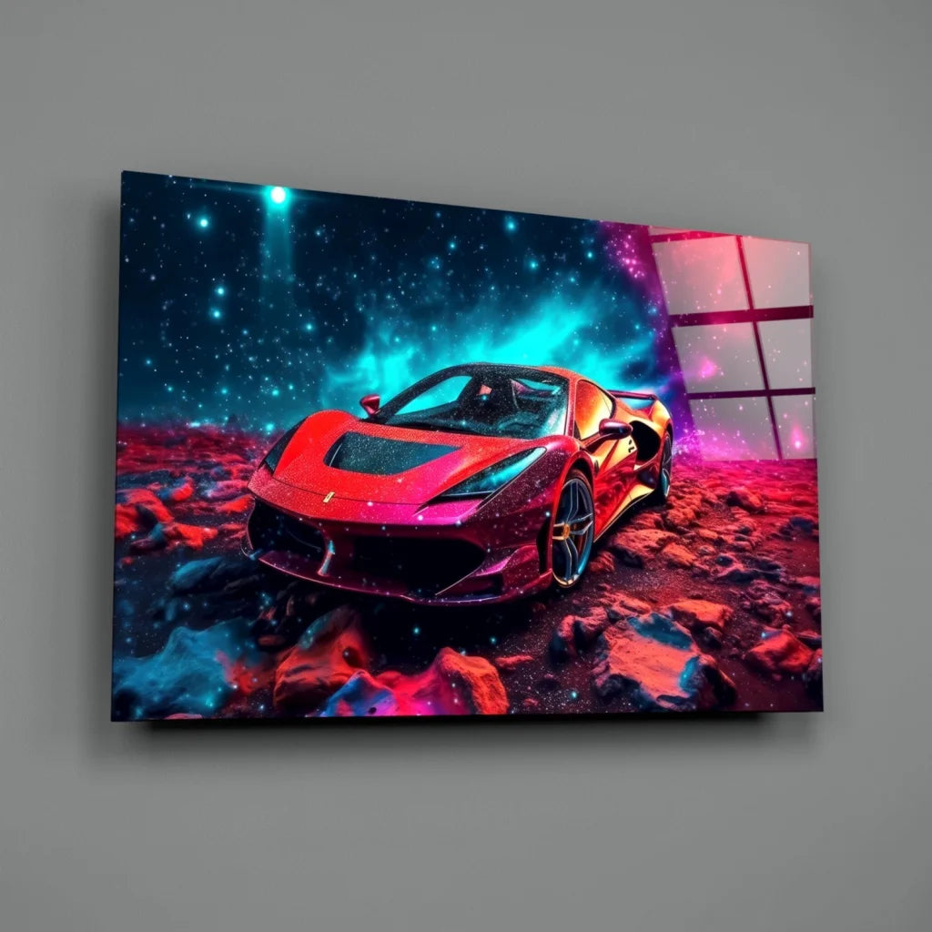 Red Ferrari sports car canvas print on cosmic space background wall art