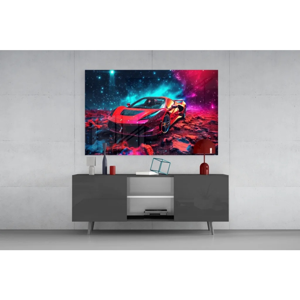 Vibrant Ferrari cosmic space wall art on glossy Samsung QLED TV