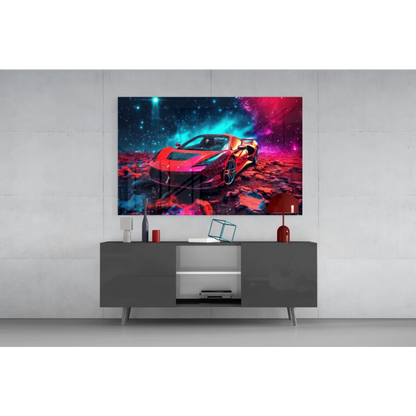 Vibrant Ferrari cosmic space wall art on glossy Samsung QLED TV
