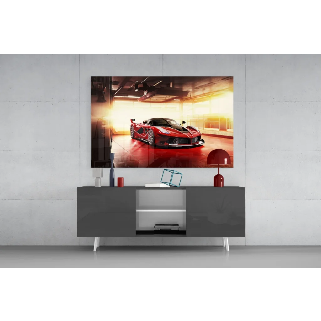 Red Ferrari LaFerrari poster on gray console wall art