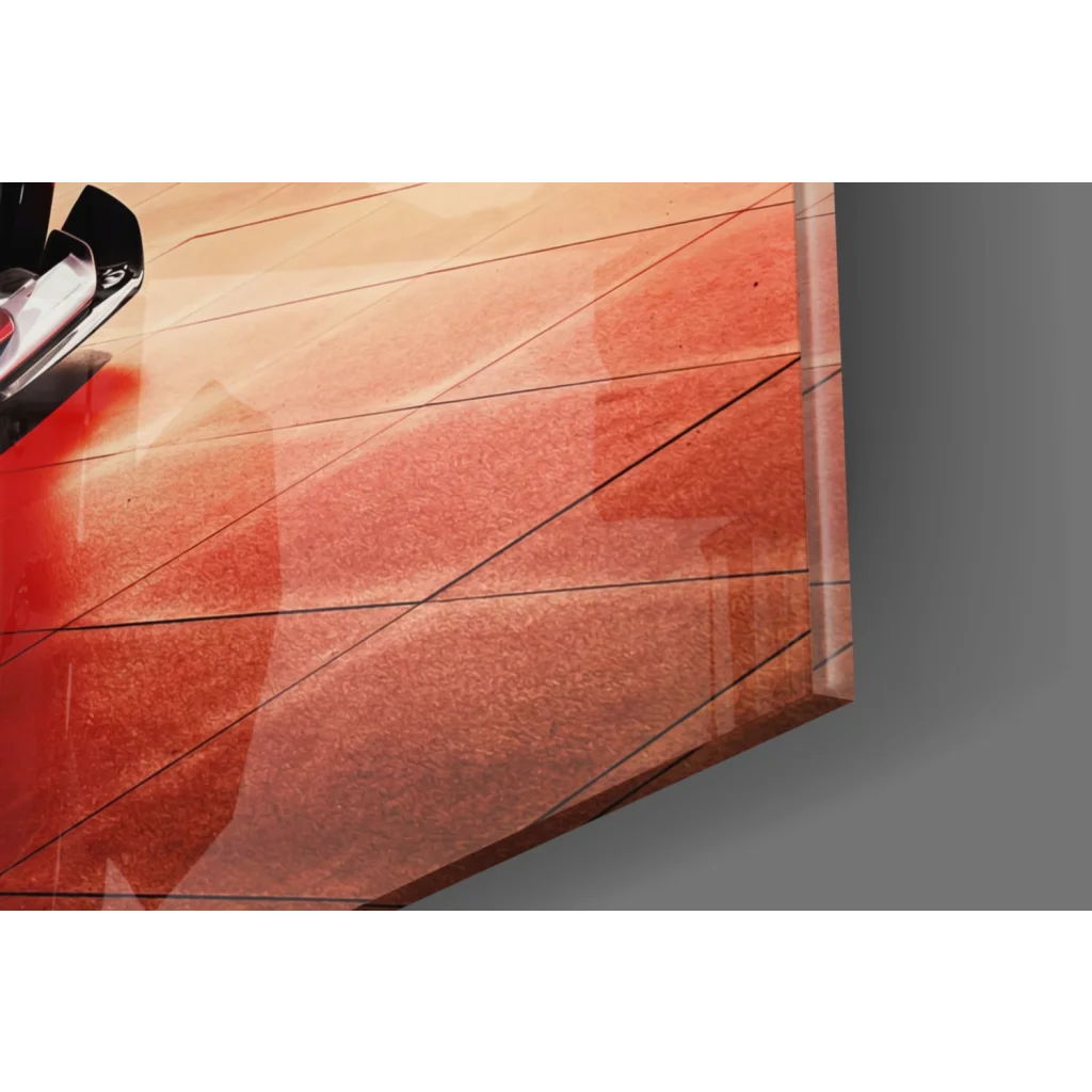 Glossy gradient-orange LaFerrari canvas glass wall art with black geometric lines