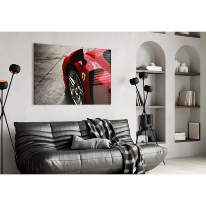 Vibrant red Ferrari sports car glass wall art canvas print