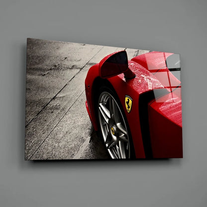 Vibrant red Ferrari sports car on glossy glass wall art canvas print