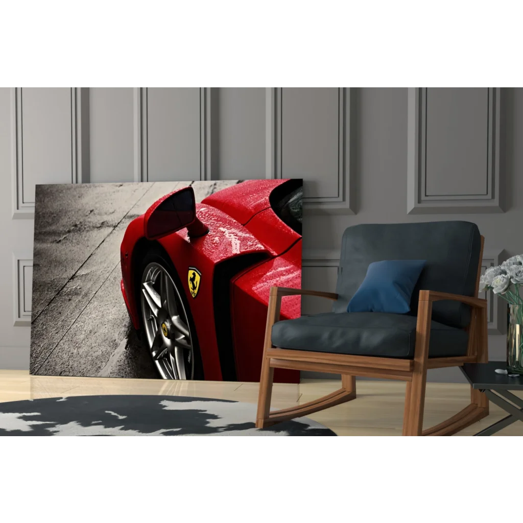 Glossy red Ferrari sports car on glass wall art canvas print
