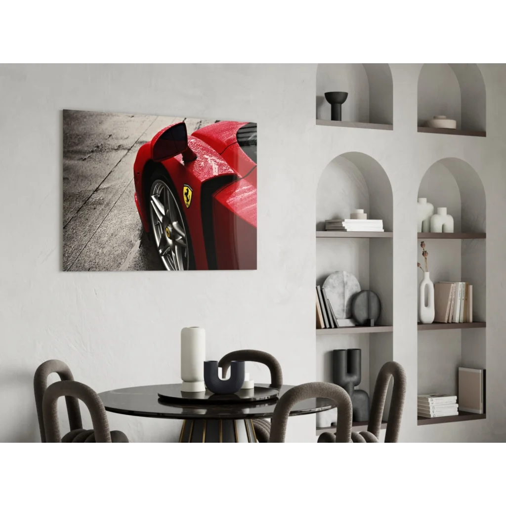 Red Ferrari sports car glass wall art with glossy finish and black stripes