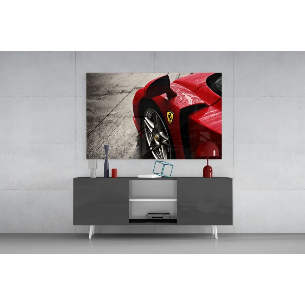 Vibrant red Ferrari glass wall art canvas print with glossy finish