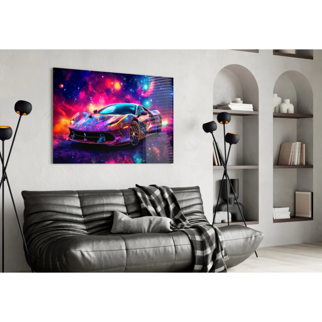 Cosmic Ferrari galaxy canvas wall art with vibrant nebula car