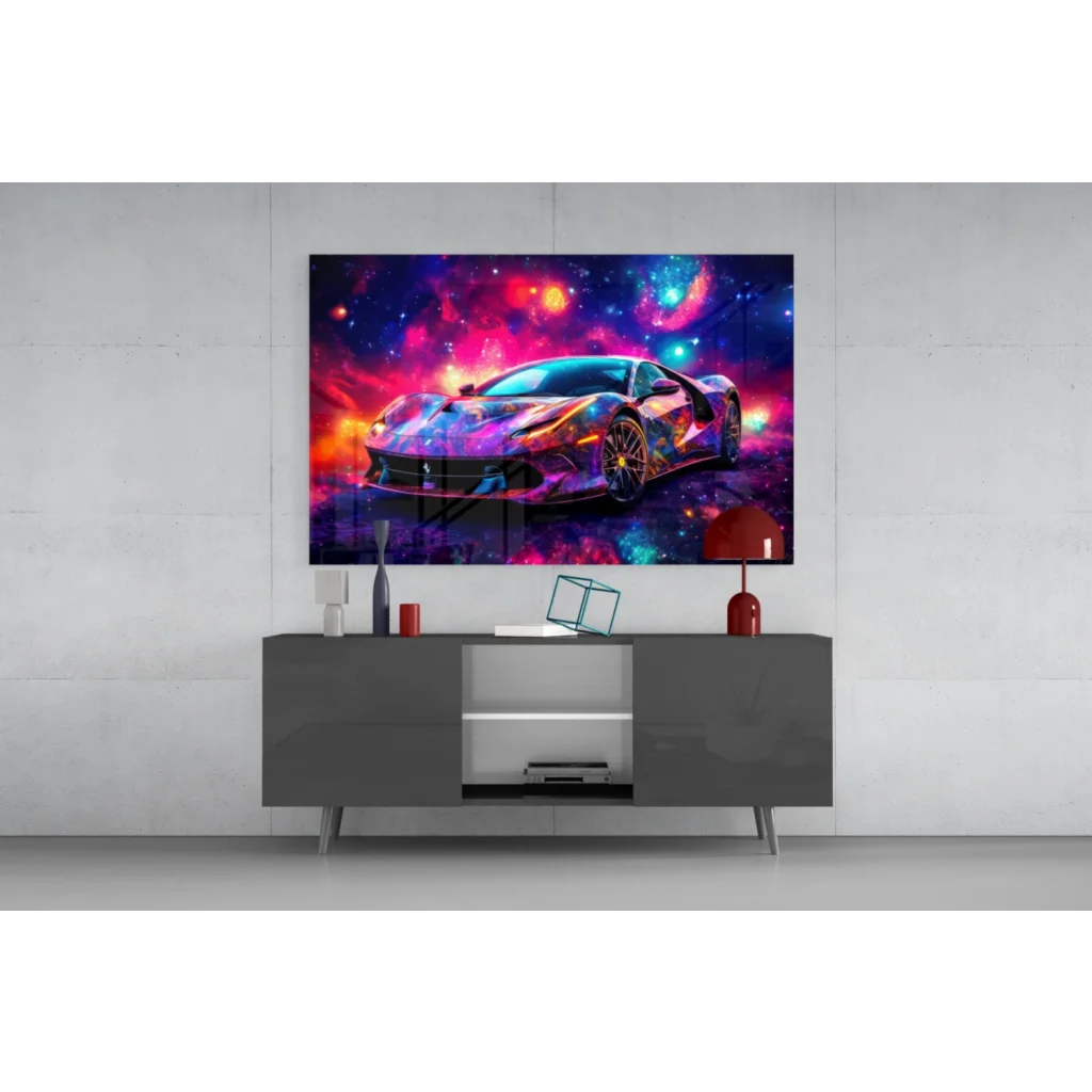 Vibrant cosmic Ferrari wall art print with sleek sports car on nebula backdrop