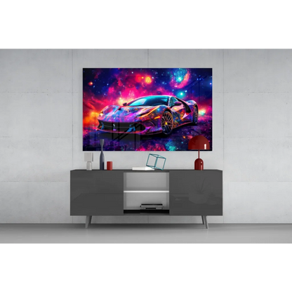 Vibrant cosmic Ferrari wall art print with sleek sports car on nebula backdrop