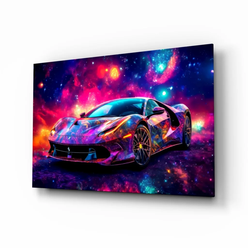 Vibrant cosmic Ferrari glass wall art print with iridescent sports car on nebula backdrop