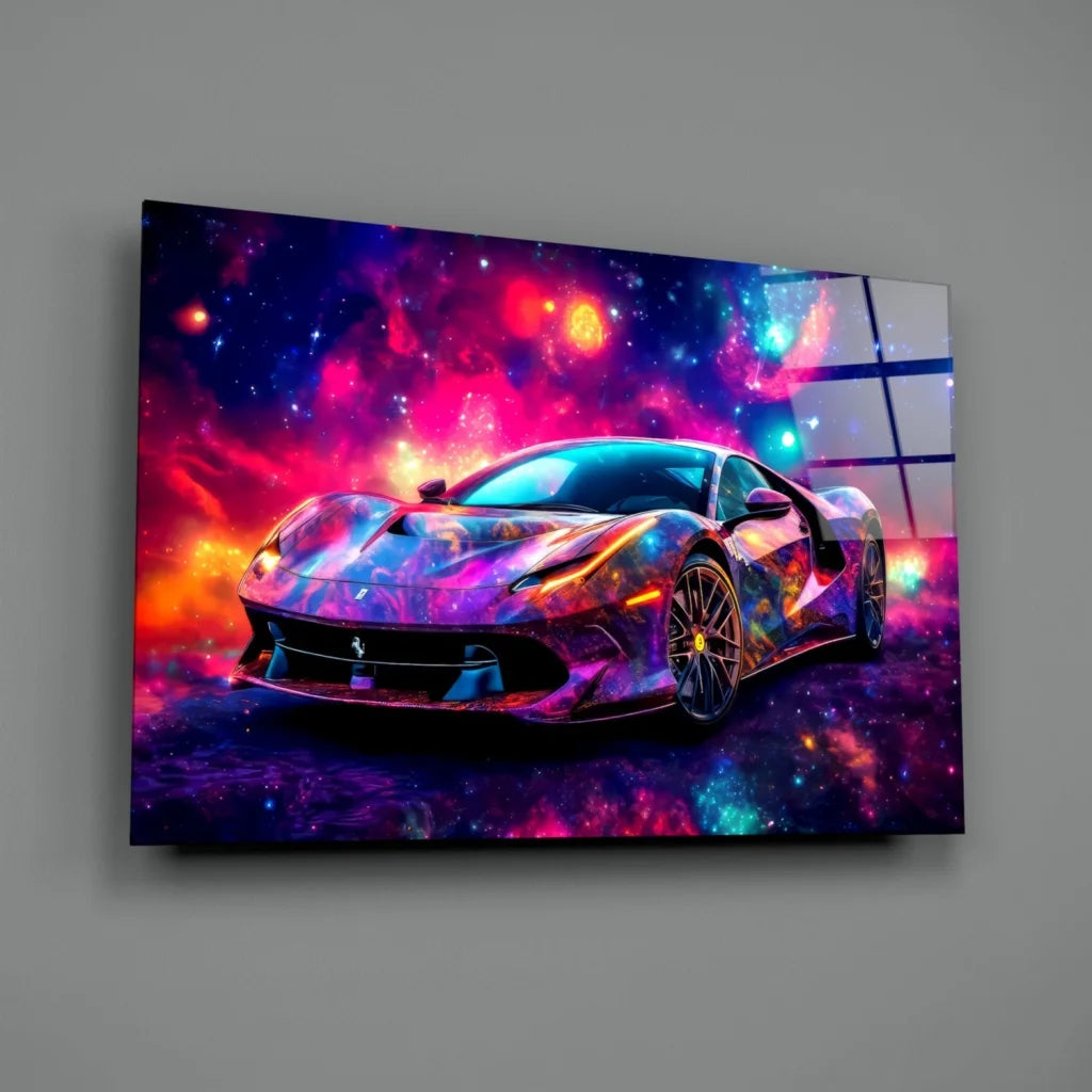 Cosmic Ferrari galaxy wall art print with iridescent sports car