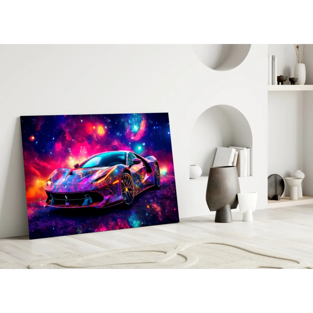 Vibrant cosmic Ferrari galaxy wall art print with iridescent sports car
