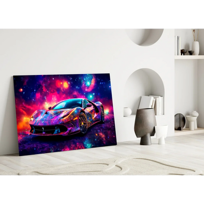 Vibrant cosmic Ferrari galaxy wall art print with iridescent sports car