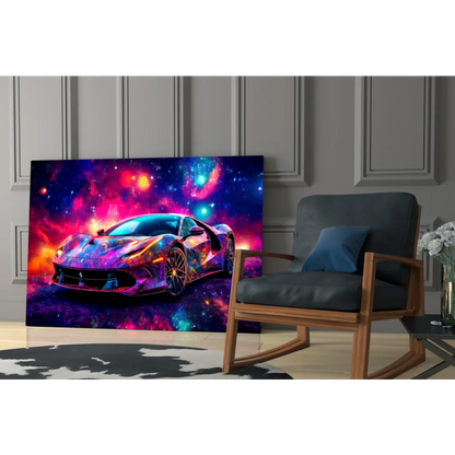 Vibrant cosmic Ferrari galaxy wall art print with sleek multicolored sports car on nebula backdrop