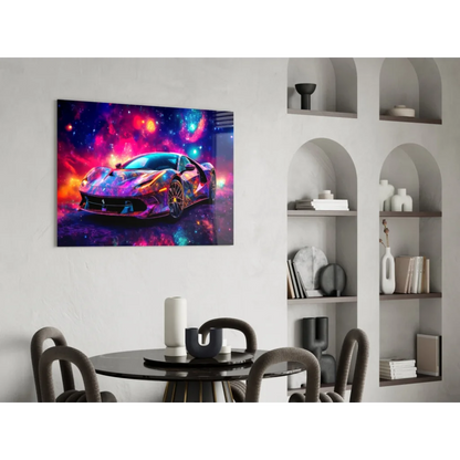Vibrant cosmic Ferrari wall art canvas print with neon galaxy background