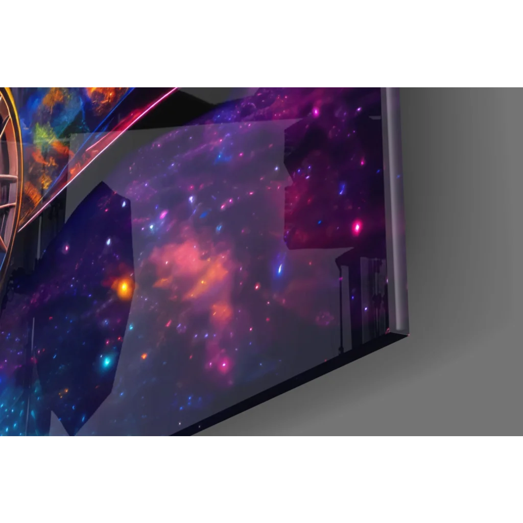 Sleek cosmic galaxy wall art print with swirling nebulae in purple, pink, blue