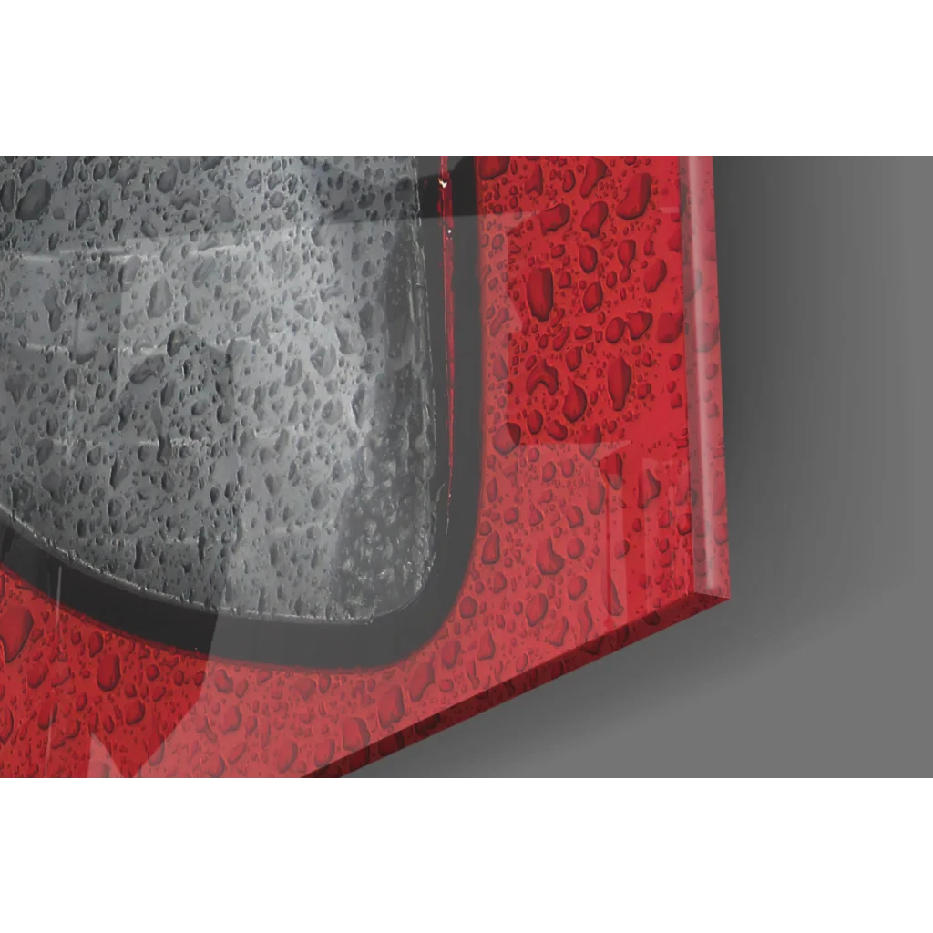 Red and gray textured glass wall art with water droplets