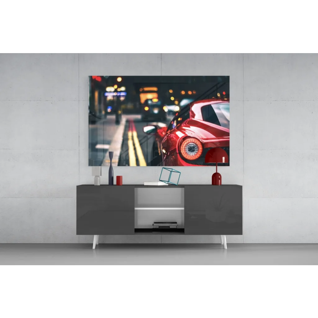 Vibrant Ferrari red sports car on glass wall art canvas print