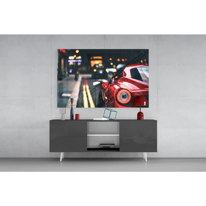 Vibrant Ferrari red sports car on glass wall art canvas print