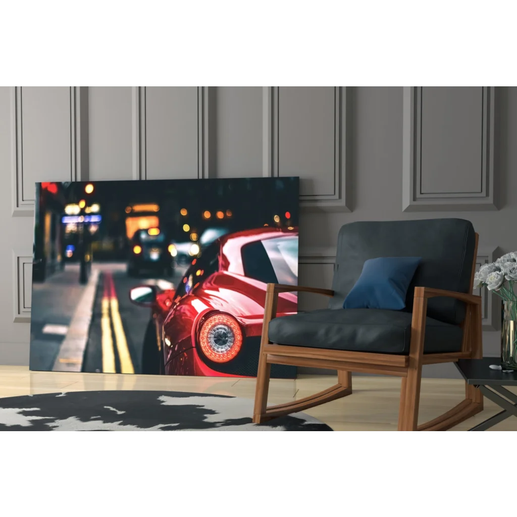 Vibrant Ferrari red taillight glass wall art canvas print on gray wall