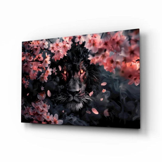 Fierce black lion with pink blossoms canvas wall art print