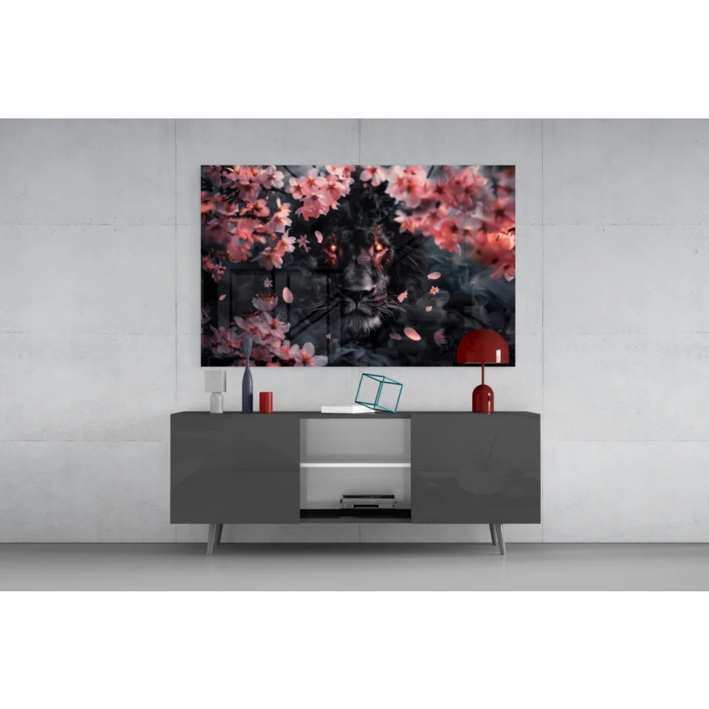 Fierce black lion with red eyes amid pink blossoms canvas wall art