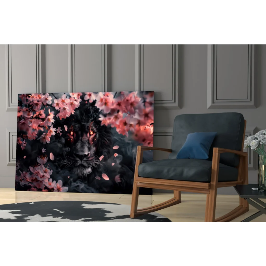 Striking black lion with red eyes amid pink blossoms wall art canvas