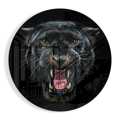 Fierce Black Panther tempered glass art coaster with open mouth design