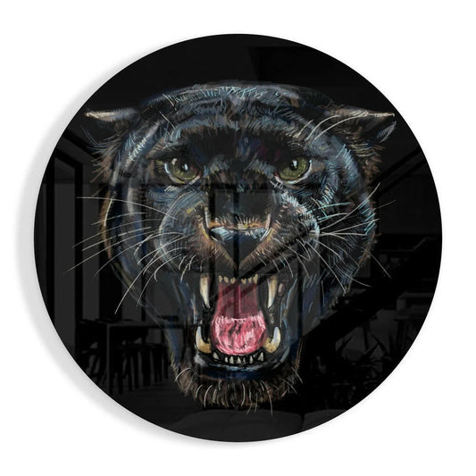 Fierce Black Panther tempered glass art coaster with open mouth design