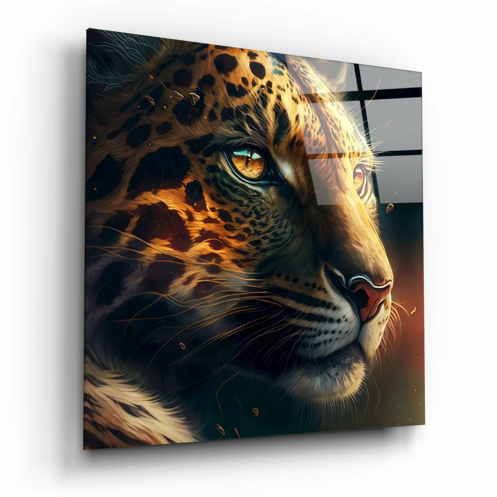 Fierce Leopard Glass Wall Art with Bold Orange Spots