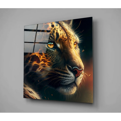 Fierce leopard glass wall art with bold orange spots