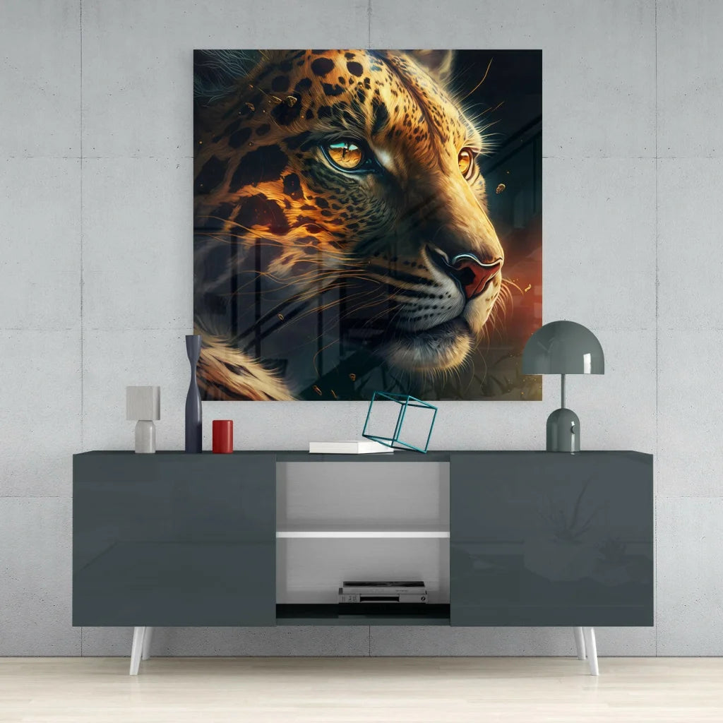 Modern black and white sideboard with sleek legs and fierce leopard glass wall art
