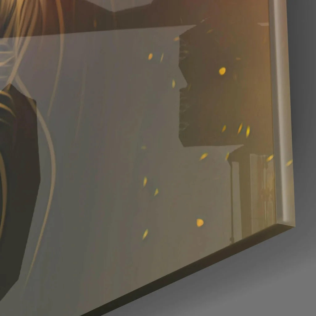 Fierce Leopard glass wall art with gold rectangular mirror and black frame