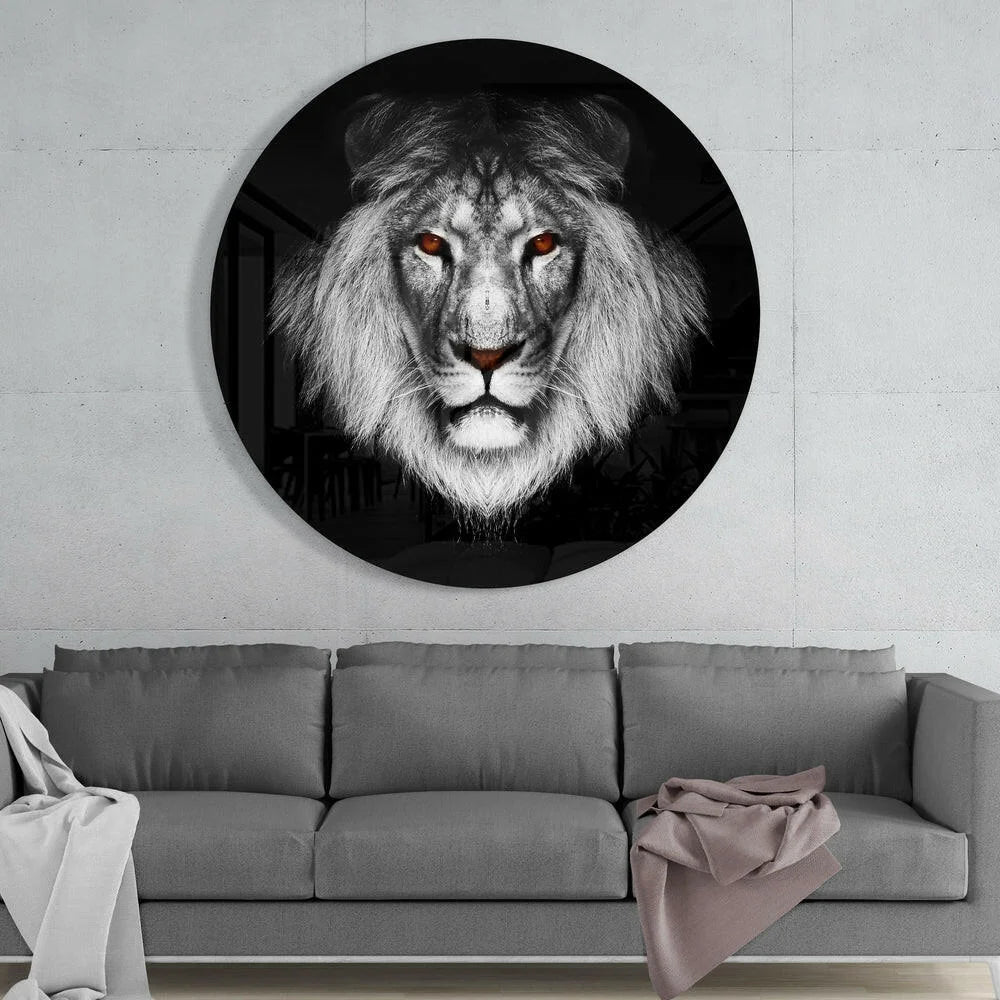 Fierce black and white lion tempered glass art with glowing red eyes, circular design