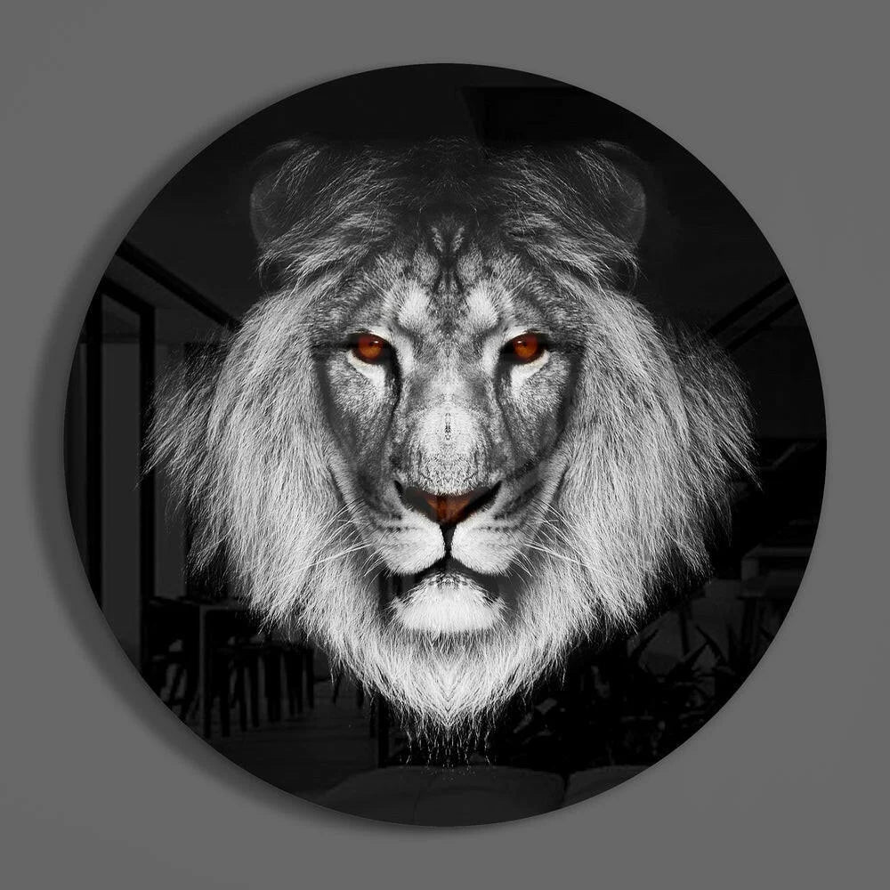 Fierce black and white lion head tempered glass art with glowing red eyes